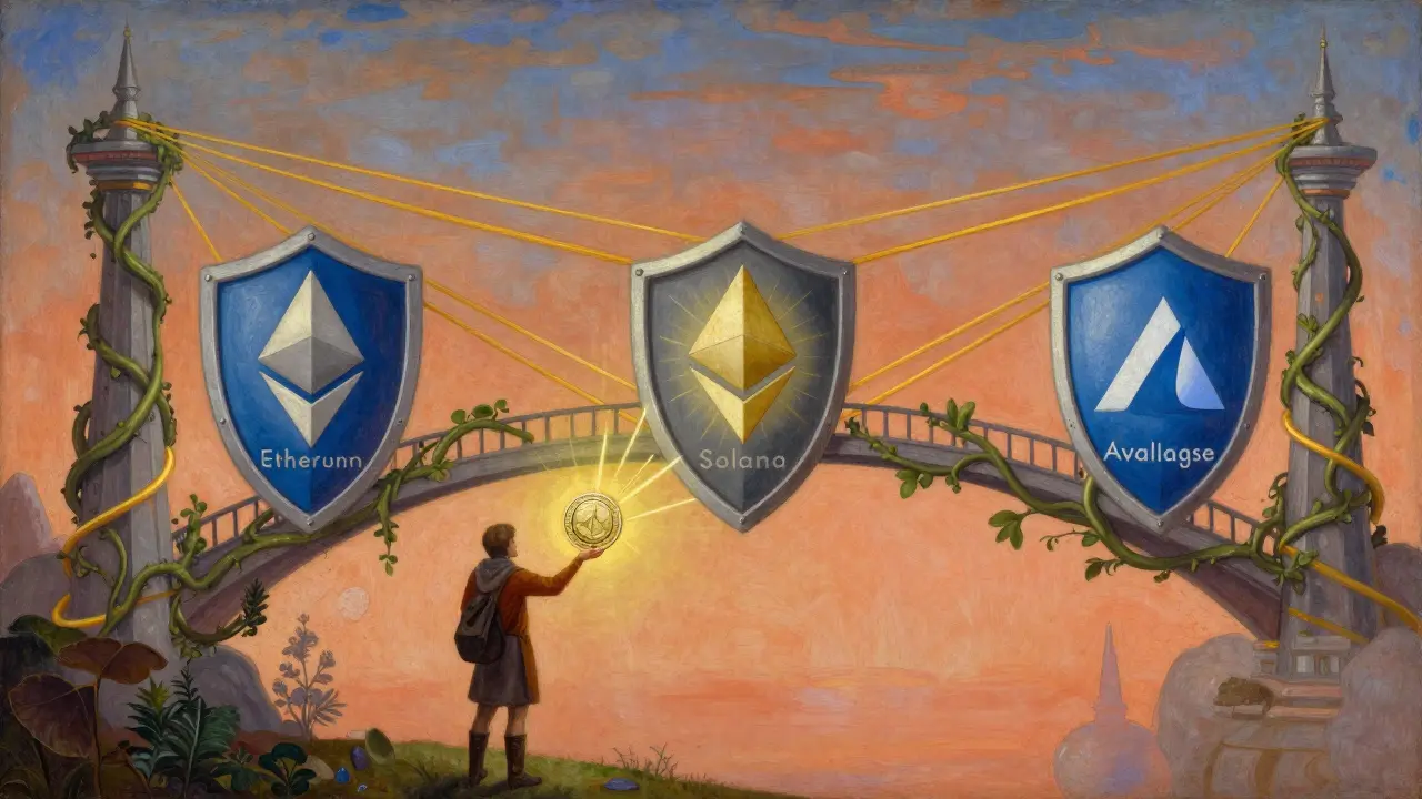 Традиционная живопись: путешественник с монетой, которая дублируется на трёх щитах, соединённых золотым мостом.