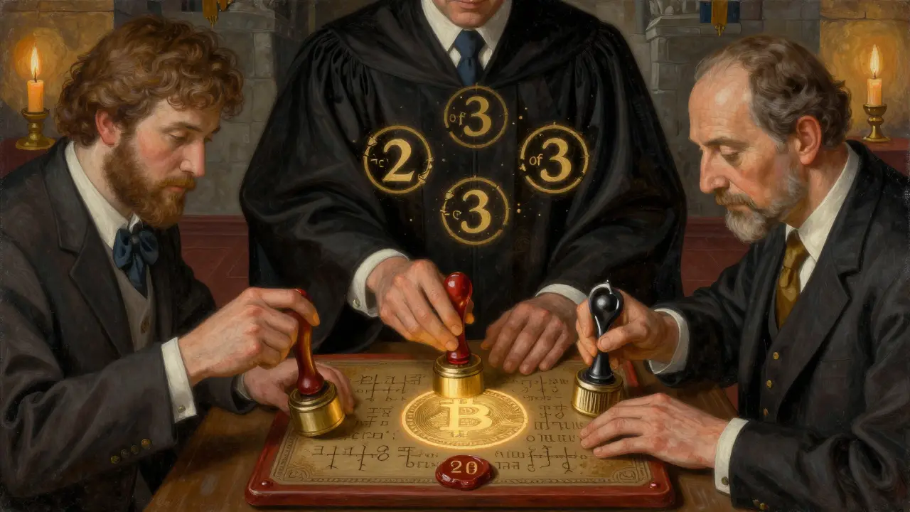 Три человека печатают печати на едином восковом табличке, символизируя мультисиг-систему защиты биткоинов.