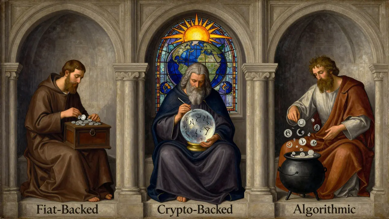 Три камеры в соборе: фиатные монеты, крипто-сфера и алгоритмический котёл, в стиле темперной живописи.