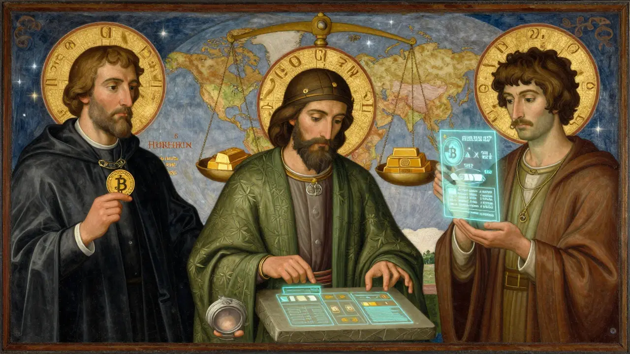 Три пользователя с разными типами стейблкоинов в трёхпанельной сцене, выполненной в стиле темперной живописи.