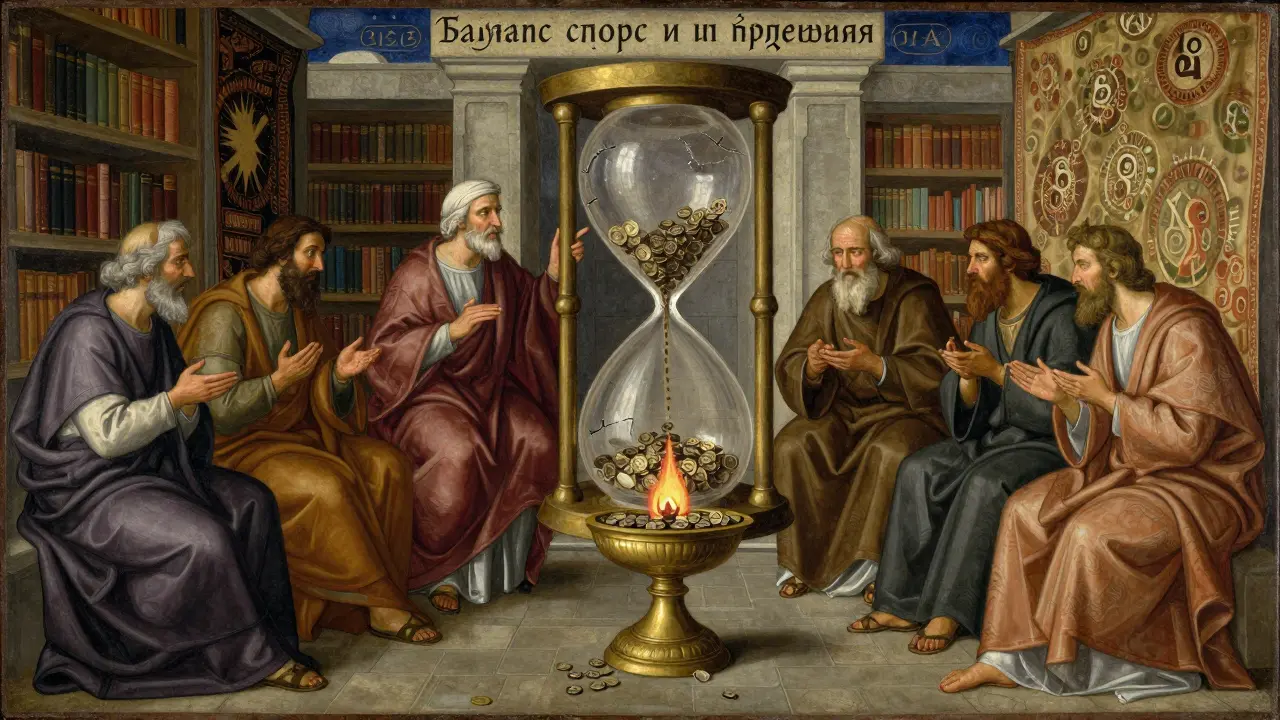 Учёные в библиотеке наблюдают за песочными часами, где токены высыпаются и сжигаются, на стенах — узоры блокчейна.