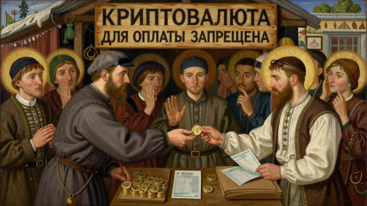 В магазине отказывают в оплате криптовалютой, надпись 'запрещено', в стиле темперной живописи.