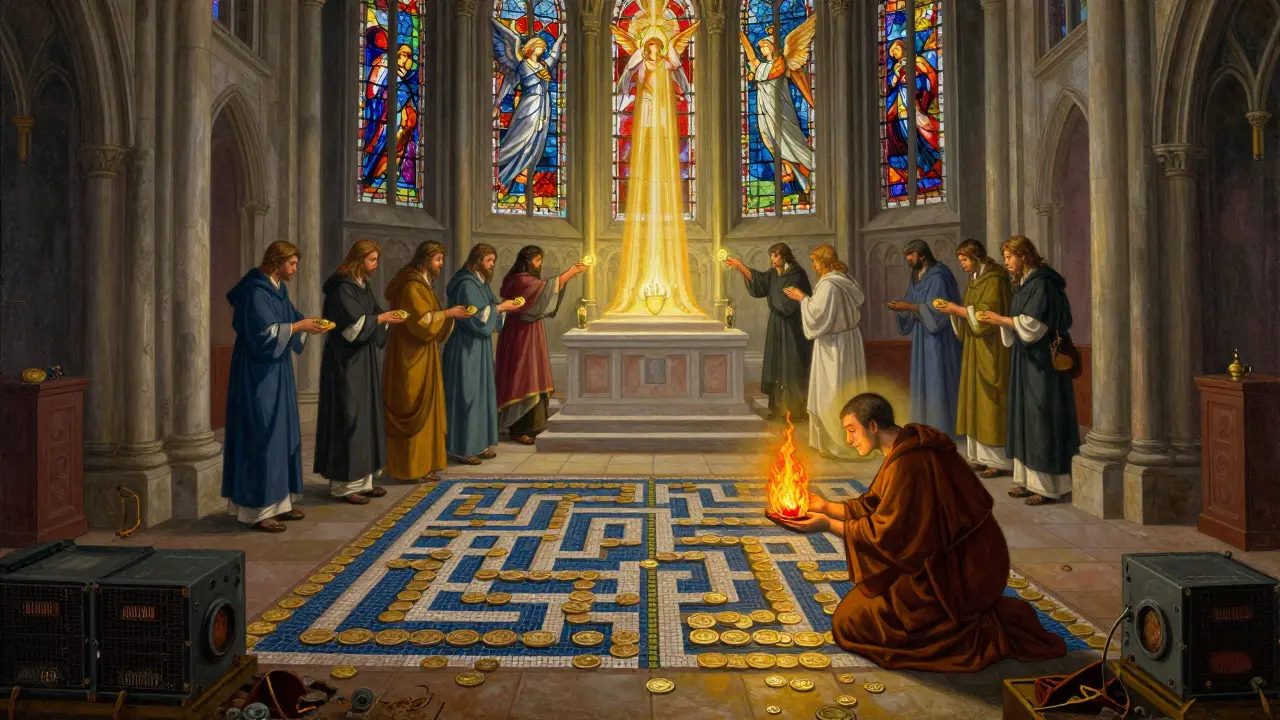 Верующие приносят ETH на алтарь, где ангелы-валидаторы освещают процесс стейкинга, а старые майнеры лежат в тени.