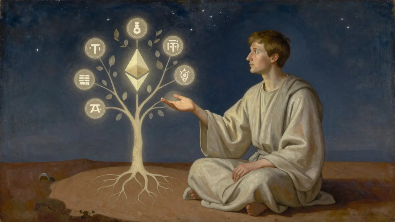 Виталик Бутерин под звёздным небом, блокчейн растёт как дерево с корнями в земле и листьями-иконами.
